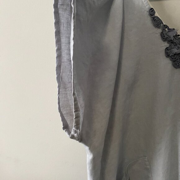 Handmade Plus Size 100% Linen Blue Grey Patch Pocket Floral Appliqué Dress - Picture 5 of 16